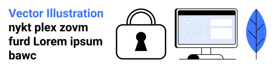 Lock symbolizing security next to computer monitor displaying a screen with text and a blue leaf to the right. Ideal for cybersecurity, privacy, data protection, software, technology, digital safety