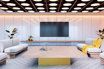 Poster - Modern waiting area with sofas, wooden table, and TV screen in a spacious, contemporary interior design setting. 3D Rendering