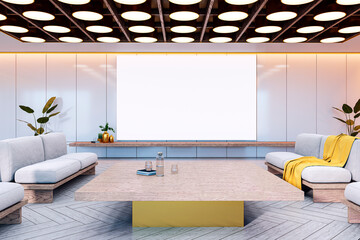 Poster - Modern waiting area with a blank digital display in office interior, featuring sofas, a table, plants, and a wooden floor. 3D Rendering