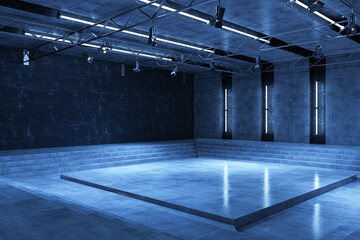 Aufkleber - Modern empty exhibition hall with concrete walls, reflective flooring, and industrial lighting for creative presentations. 3D Rendering