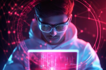 a cyberpunk-inspired scene of a programmer in a neon-lit room, their code flowing into a city and tr