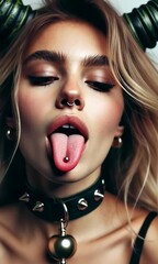 Wall Mural - Captivating individual displays a confident attitude with bold lip piercings and stylish accessories. The glamorous look combines edgy elements with artistic flair, showcasing a vibrant personality