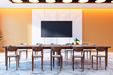 Poster - Modern conference room with wooden table, chairs, and elegant design in a spacious interior. 3D Rendering