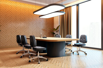 Aufkleber - Modern boardroom interior with wooden walls, large table, black chairs, and city view through windows. 3D Rendering