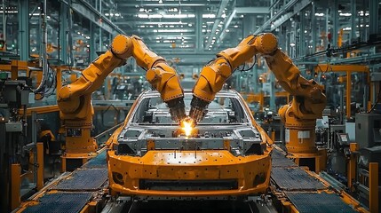Poster - smart robotic arms meticulously inspecting and monitoring the assembly of car parts on a highly auto