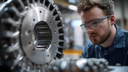 Poster - portrait of an aerospace engineer or technician closely examining and testing the inner workings of 