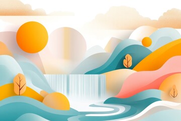 Poster - A geometric depiction of IguazÃº Falls, with cascading water lines and simple green jungle shapes in a pastel palette