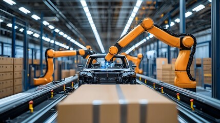 Poster - fully automated robotic electric vehicle assembly line in modern industrial warehouse with futuristi