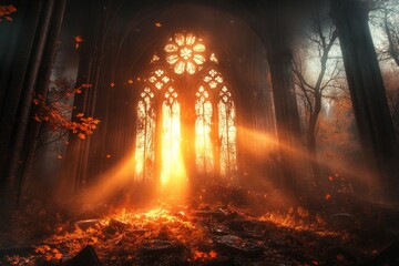 Poster - A gothic depiction of a shattered cathedral window with light streaming through, symbolizing impactful resilience