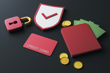 Poster - Secure payment concept with shield, lock, credit card, and coins on dark background. 3D Rendering