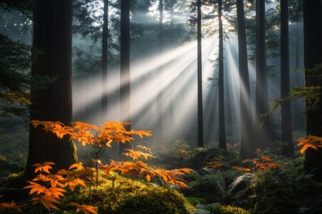 Poster - A magical forest where light rays create the illusion of a hidden doorway among the trees