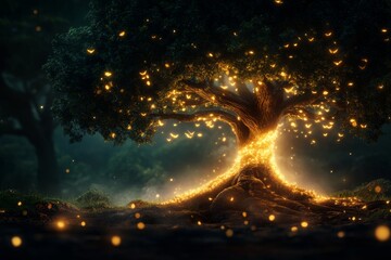 Poster - A mystical tree glowing with magical energy, its roots spreading light and life to the surrounding forest, symbolizing a fantastical impact