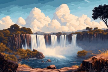 Poster - A pixel art depiction of IguazÃº Falls, with animated cascading water and tiny pixelated rainbows surrounded by lush jungle greenery
