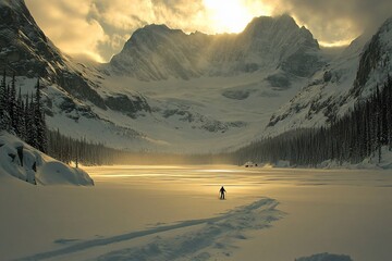 Wall Mural - Lone figure snowshoeing across frozen lake at sunrise, majestic mountains in background.