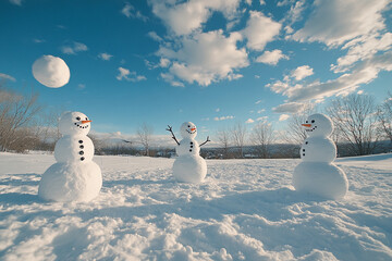 Aufkleber - Happy Snowmen Playing in a Sunny Winter Field Under Blue Skies. Winter background