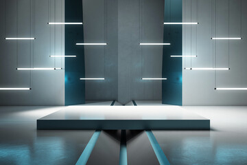 Poster - Modern interior with suspended lights and raised platform in a futuristic industrial space. 3D Rendering