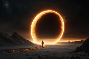 Poster - A surreal image of a person standing on a bridge made of light, stretching into the cosmos, representing creative exploration