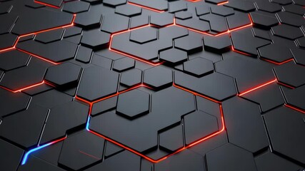 Poster - Abstract Black Background with Glowing Red Hexagons and Geometric Pattern Design