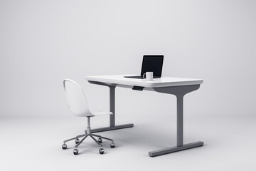 Poster - Modern workspace with a white desk, laptop, and chair on light background. 3D Rendering