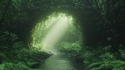 Wall Mural - magical forest river path with ethereal sunbeams breaking through dense canopy creating natural light tunnel effect in mystical morning mist