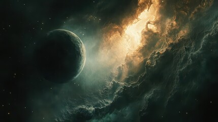 Wall Mural - majestic alien planet rising over mysterious nebula cloud formation with glowing stars and swirling 