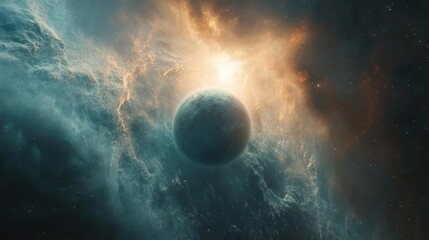Wall Mural - majestic alien planet rising over mysterious nebula cloud formation with glowing stars and swirling 