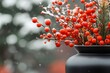 © Thanyarat - An intricate Ikebana composition featuring pine branches, red berries, and snow-touched greenery for a winter theme