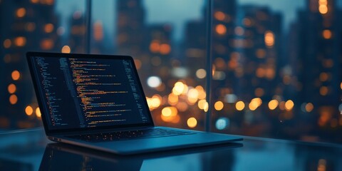 laptop with code on the screen, blurred background of city lights at night