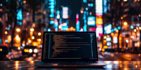 laptop with code on the screen, blurred background of city lights at night