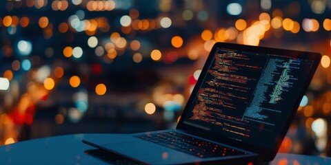 laptop with code on the screen, blurred background of city lights at night