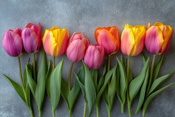 Wall Mural - Colorful tulips arranged beautifully on a gray surface, showcasing spring's vibrant hues in a floral display