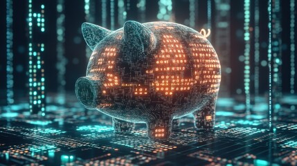 Poster - Digital piggy bank with glowing data matrix in futuristic environment