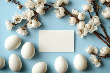 Wall Mural - White eggs arranged with blooming branches and a blank card on a blue background for spring celebrations