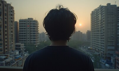 Wall Mural - Person on balcony watching sunset over city.