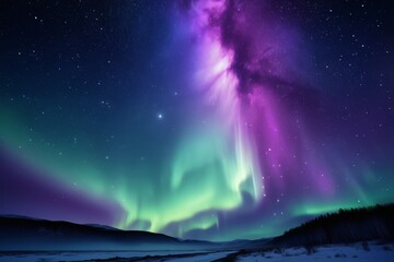 Wall Mural - purple and green aurora lights in the sky above a snowy landscape