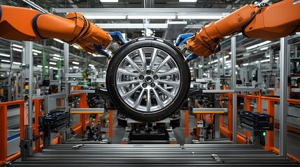 Poster - high speed robotic arms precisely attaching wheels to vehicles in an advanced automotive manufacturi