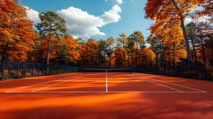 professional clay tennis court with pristine white lines and black net, surrounded by autumn trees c