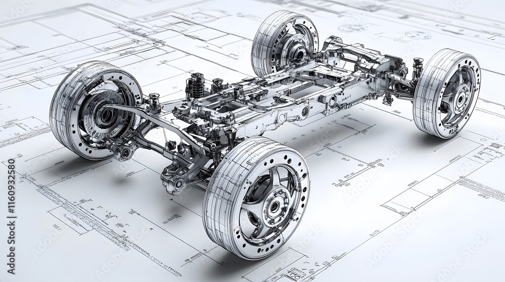 Detailed technical blueprint of automotive chassis featuring mechanical ...