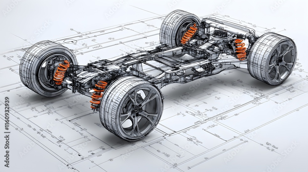 Detailed technical blueprint of automotive chassis featuring mechanical ...