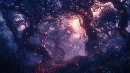 Wall Mural - mystical enchanted forest at twilight with glowing fireflies dancing around ancient twisted trees, moonlight filtering through misty branches, magical atmosphere