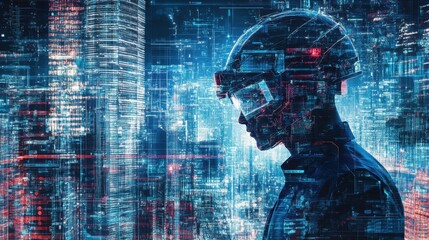 Poster - Futuristic Portrait of a Person with Digital Technology Overlay