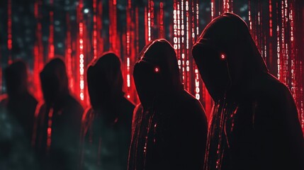 Poster - Mysterious Figures in Cyberpunk Setting with Red Binary Code Background