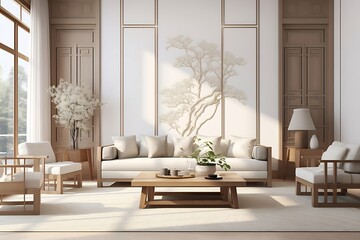 Wall Mural - Sunlit minimalist living room with beige sofa, wooden furniture, and Asian-inspired wall art.