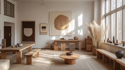 Wall Mural - Sunlit minimalist interior with wooden furniture, art, and pampas grass.