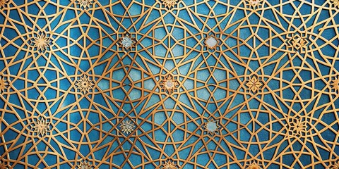 Leinwandbilder - An intricate geometric pattern with golden lines on a textured blue background, creating a mesmerizing optical illusion of depth and dimension.