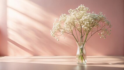Poster - A delicate bouquet of white flowers in a clear glass vase sits on a blush colored table, bathed in the warm glow of sunlight streaming through a window.
