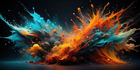 Poster - A vibrant explosion of color, captured in a dynamic composition that showcases the interplay of orange, blue, and yellow hues.