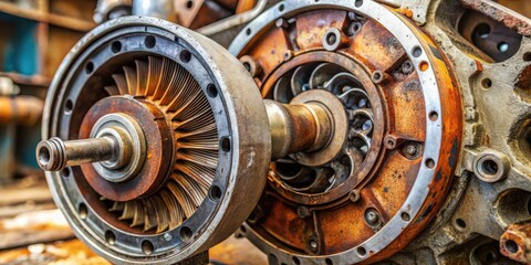 Poster - A close-up of an intricate rusty engine component, showcasing the complex gears, shafts, and blades that power the machinery.