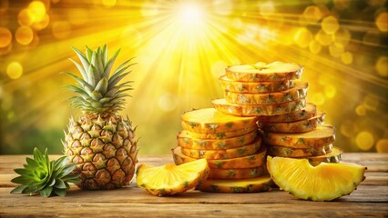 Aufkleber - A Freshly Sliced Pineapple With One Whole Pineapple And A Sprig Of Green Leaves On A Wooden Table In Front Of A Blurred Sunbeam Background
