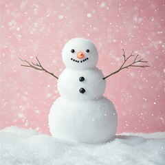 Wall Mural - Cheerful Snowman with Branches and Snowflakes on Pink Background